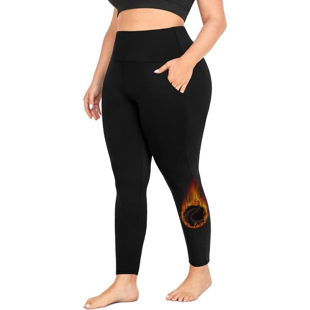 Plus Size Fleece Lined Leggings With Pockets For Women Winter Tummy Control